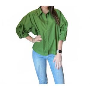 NEW BEFORE YOU poplin bishop sleeve button up shirt in grass green